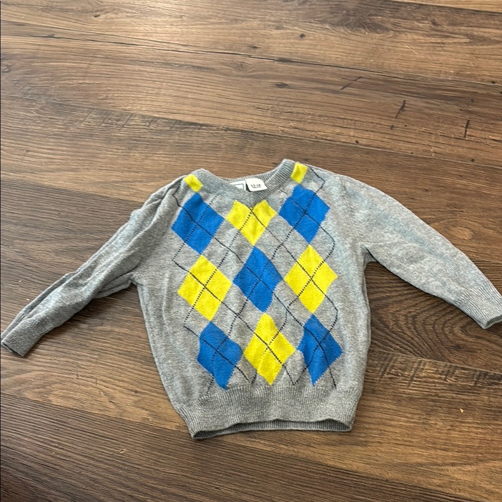 Gray Argyle Sweater with Blue and Yellow Pattern
